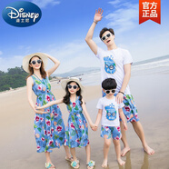 迪士尼（Disney）三亞旅游沙灘親子裝夏裝波西米亞母女連衣裙長(zhǎng)裙一家三口四口套裝 天藍(lán)底花朵款 180 媽媽XL碼