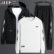 JEEP SPIRIT衛(wèi)衣套裝男長袖t恤運動套裝外套休閑褲春夏季打底衫衛(wèi)衣三件套 黑白 4XL 170斤-180斤)