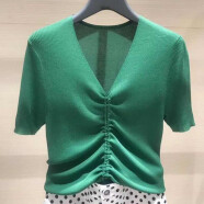 TSAM专柜女装短袖T恤女2024夏季新款修身冰丝V领抽绳收腰系带针织衫 绿色 3/M