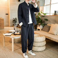 梧桐一夢(mèng) 春秋中國(guó)風(fēng)男裝唐裝套裝棉麻兩件套中式茶服居士服漢服民族服裝 黑色 L