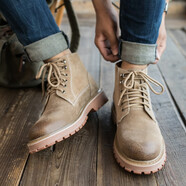 LBEL馬丁靴男士韓版二層豬皮高幫短靴男戶(hù)外沙漠雪地靴時(shí)尚潮流工裝鞋男 卡其色 42