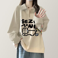 妙奕嘉polo衛(wèi)衣女秋冬款女裝新款秋裝外套秋冬款女學(xué)生韓版寬松百搭學(xué)院 杏色半拉鏈套頭Polo領(lǐng)兔子衛(wèi)衣 L 建議100-130