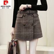皮爾卡丹（pierre cardin）23年新款毛呢短裙高腰顯瘦A字裙秋冬款女韓版新款格子呢子半身裙 皮帶毛呢裙《翡翠紐扣》    卡色 S