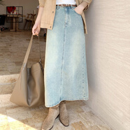 美洋（MEIYANG）后街牛仔半裙街拍神裙染色洗水后開(kāi)叉直筒裙高腰時(shí)尚休閑半身裙女 復古藍 M