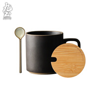 九土 手工日式復(fù)古粗陶咖啡杯陶瓷杯子情侶對(duì)杯家用馬克杯辦公室茶杯 經(jīng)典黑+蓋+勺套裝