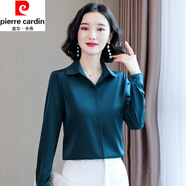 皮爾卡丹（pierre cardin）女士重磅真絲襯衫女長(zhǎng)袖春秋季新款高端中年杭州桑蠶絲上衣顯瘦 孔雀藍(lán) L