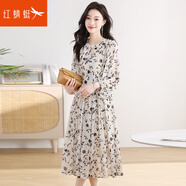 紅蜻蜓（RED DRAGONFLY）秋季碎花連衣裙女款新款長(cháng)裙茶歇法式設計感氣質(zhì)顯瘦收腰a字裙 杏色 XL【體重121-130斤/高160-175cm