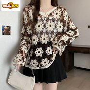 初徑鉤花鏤空長(cháng)袖針織衫女早春秋大碼胖mm設計感小眾上衣外搭罩衫 咖色版【大碼女裝/冷淡系/早春/ L 【建議100-120斤】