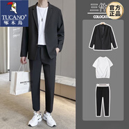 啄木鳥西服套裝男士輕熟風(fēng)休閑寬松上衣服潮流外套雅痞帥dk制服男小西裝 【三件套】黑色休閑西服+垂感西褲+白短袖 L L 105-125斤