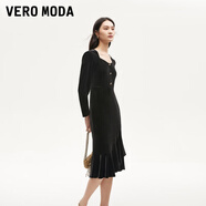 VEROMODA連衣裙2024秋季女裝新款天鵝絨拼接網(wǎng)紗魚(yú)尾長(cháng)裙鉆石領(lǐng)東方簡(jiǎn)奢風(fēng) 長(cháng)袖絲絨裙-黑色 M