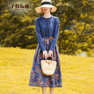 子牧棉麻春裝 女圓領(lǐng)套頭連衣裙碎花百搭收腰長(cháng)袖裙子9728清49 藍色 XL(建議120-135斤)