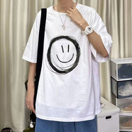 嘉曄（JIAYE）港風(fēng)短袖t恤男生寬松休閑學(xué)生五分T恤男情侶夏季潮牌半袖打底衫 大笑臉白色 L
