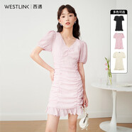 西遇V領(lǐng)泡泡袖連衣裙女2026年早夏新款法式褶皺收腰修身包臀裙子 粉色 XL