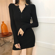 瑾衣媛2021胸前系扣修身針織包臀連衣裙女洋氣打底內(nèi)搭長袖收腰短裙 黑色 L 105-115斤