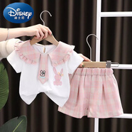 迪士尼（Disney）女寶寶夏裝套裝0到1周歲2至3多嬰兒衣服短袖短褲女童裝韓版潮時(shí)尚 短袖兔兔領(lǐng)帶粉 100 建議2-3歲左右寶