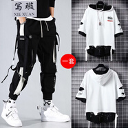 寫(xiě)璇男款短袖短褲夏天套裝男生韓版全套衣服男土一套男潮流搭配工裝褲 198工裝褲+D07破洞短袖白 XL