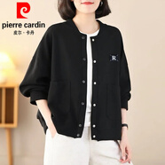 皮爾卡丹（pierre cardin）2025春秋季新款女士短外套開衫衛(wèi)衣棒球服洋氣夾克上衣女裝針織 黑色 M (建議100斤以內(nèi))