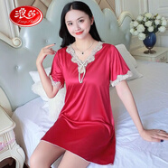 浪莎時尚睡裙女夏冰絲家居服連衣裙薄款短袖大碼絲質(zhì)睡衣女夏天睡裙 0818#紅色裙[優(yōu)質(zhì)面料] 2XL [140~160斤]