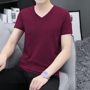 牧思特（MUSITE）短袖t恤男2023年v領(lǐng)夏季韓版潮流棉T恤男士衣服情侶男裝夏天 酒紅色 M