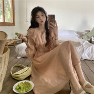 VJZE 小清系連衣裙夏裝新款超仙森女系韓系荷葉邊小眾法式小清新連衣裙女小個子v領 粉色 L