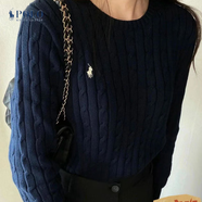 PLEIN SPORT美國(guó)拉夫勞倫小馬標(biāo)刺繡麻花復(fù)古針織圓領(lǐng)套頭寬松毛衣長(zhǎng)袖上衣女 藏青色 白標(biāo) M