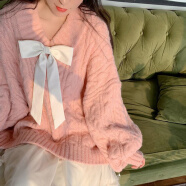 奶fufu的毛衣冬季新款粉色v领慵懒温柔风麻花套头女学生宽松针织衫上衣潮 粉色毛衣有蝴蝶结 S