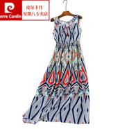 皮爾卡丹（pierre cardin）名族風(fēng)波西米亞連衣裙海邊渡假沙灘長裙輕柔綿綢大擺裙棉綢背心裙 藍條菱形 XXL中碼建議105-130斤