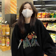 妃麗慕尚潮牌oversize小眾高街衛(wèi)衣女秋冬季美式復(fù)古鹿皮絨圓領(lǐng)上衣外套潮 B6009黑色【加絨】 M 建議110斤以內(nèi)