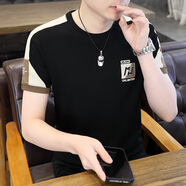 朗光春夏季圓領(lǐng)短袖T恤男修身潮流上衣體恤打底衫半截袖男裝衣服 2106 黑色 XL/175