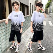 猴兄仔童裝男童套裝兒童夏季新款漸變字母印花短袖T恤五分褲兩件套5到15歲中大童男孩休閑夏裝衣服潮10 白色 120(建議身高110CM左右)