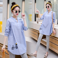 孕婦裝春秋裝2021新款孕婦連衣裙純棉襯衫長(cháng)袖上衣t恤套裝 867藍色長(cháng)袖【單件上衣】 L【適合約115-130斤】