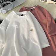 QGF 棉麻短袖t恤女潮流港風(fēng)寬松簡約國潮刺繡體桖衫夏季休閑百搭上衣 白色 L