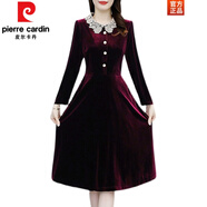 皮爾卡丹（pierre cardin）貴夫人金絲絨長袖連衣裙女秋季2025新款氣質(zhì)高端女士洋氣收腰裙子 酒紅色 XL