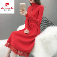 皮爾卡丹羊毛針織連衣裙女加絨加厚中長(zhǎng)款秋冬2023蕾絲寬松半高領(lǐng)毛衣裙 紅色 M 90-105斤