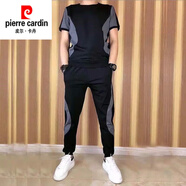 皮爾卡丹（pierre cardin）冰絲套裝男夏季大碼休閑套裝男潮牌薄款短袖T恤九分褲兩件套 黑色套裝 4XL