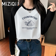 米子旗純棉長袖t恤女春秋2025新款女裝慵懶風(fēng)學(xué)生寬打底衫上衣 春秋暗藍字3493胸前大 黑白色 XL 120-130斤