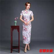 tromlfz旗袍2023年新款中國風(fēng)年輕款女走秀旗袍長款復(fù)古氣質(zhì)改良版連衣裙 長/款短/袖印花長旗白色 2XL (參考體重128斤左右)