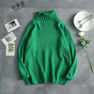 楠子汉高领毛衣男士冬季2021新款港风潮流个性纯色线衣男装宽松针织衫 绿色 XL