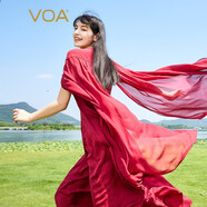 VOA真絲提花22姆米鏤空圓領(lǐng)釘珠披肩式假兩件古風(fēng)清秀連衣裙 AE2333 落霞紅（H02） S