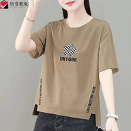 妙變美女純棉t恤女夏季新款2023年不對稱(chēng)印花寬松短袖女裝半袖休閑上衣ing 5按照款式發(fā)（顏色圖案隨機發(fā)） 3XL 135-150斤