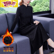 初徑2025秋冬新款高端女裝中國風(fēng)改良版旗袍氣質(zhì)顯瘦禮服連衣裙中長(zhǎng)款 黑色加絨加厚 3XL 130-140