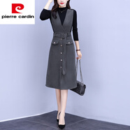 皮爾卡丹（pierre cardin）背帶毛呢修身中長(cháng)款過(guò)膝呢子背心連衣裙打底衫名媛兩裝女秋冬2025 灰裙+黑毛衣 XL 107-117斤