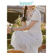 茵曼（INMAN）夏裝新款純棉繡花V領(lǐng)短袖綁帶A擺連衣裙女【1882102457】 白色 S