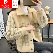 皮爾卡丹（pierre cardin）女士秋冬款水貂絨2025年新款長(zhǎng)袖毛衣加厚洋氣外套女春秋翻領(lǐng)開衫 杏色 M 【建議90-105斤】