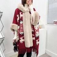 CerrnKutta新款毛毛氣質(zhì)針織披肩大毛領(lǐng)披風(fēng)斗篷外套女秋冬季手套帽子套裝 圣誕紅加絨加厚（麋鹿圖案） 均碼【80-150斤可穿】