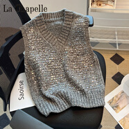 拉夏貝爾（La Chapelle）歐貨輕奢亮片毛衣馬甲背心女2024春季重工時尚無袖針織衫上衣 純100自動發(fā)熱灰色馬甲【1%的人選擇普通版】 純100自動發(fā)熱S(建議75-95斤)
