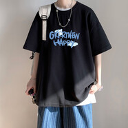 大魚界線日系潮牌短袖T恤男潮流ins情侶裝夏裝寬松上衣服男生印花圓領體恤 黑色(英文熊) L(120-130斤）