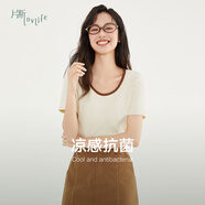 片斷（dribs＆drabs）片斷T恤女夏季新款撞色修身彈力刺繡設(shè)計小眾正肩t恤上衣 米白 M 160/84A