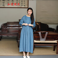 如素慢衣夏季文藝簡約亞麻寬松純色七分袖連衣裙女33208q 舊藍(lán)色 M