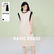 Basic House/百家好撞色無(wú)袖連衣裙中長(cháng)款圓領(lǐng)T恤裙子夏季2025新 米色 L